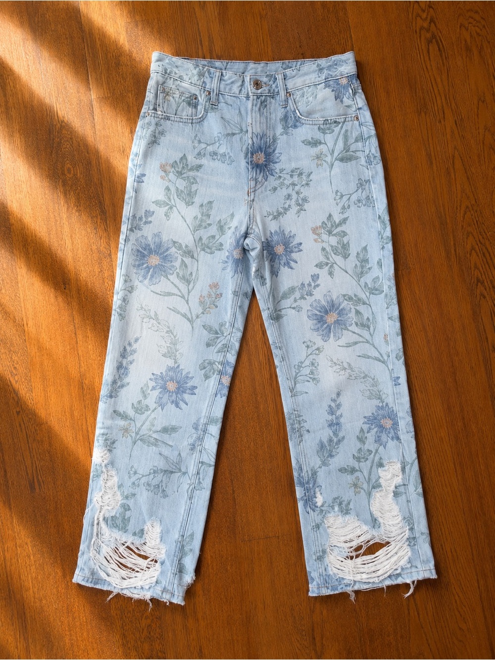 Free People We The Free Floral Botanical Print Distressed Mom Jeans Sz 28